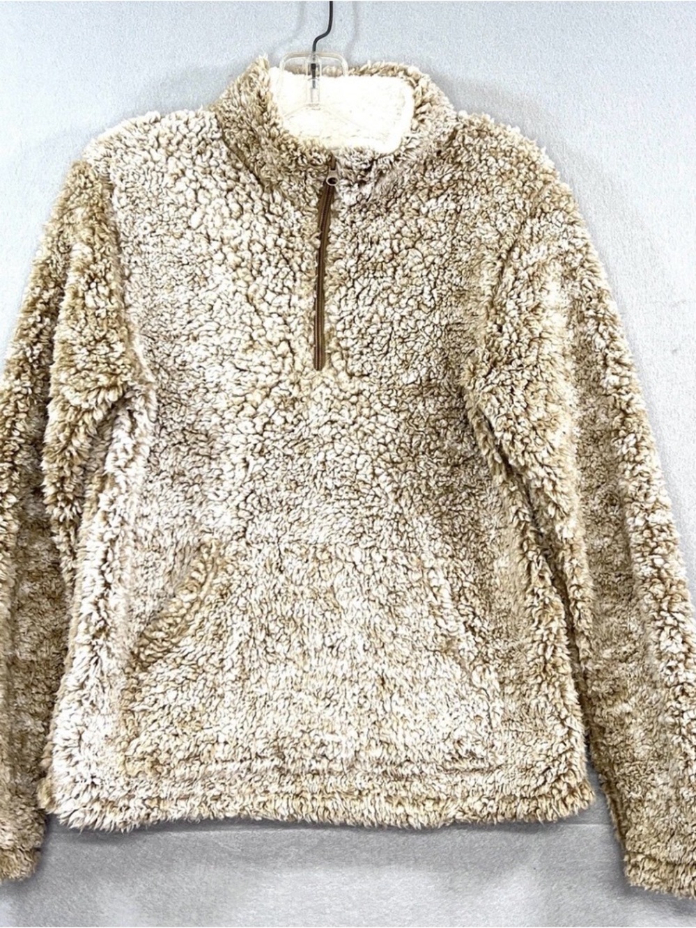 Sabrina Lauren NY Sherpa Quarter Zip Teddy Fleece Pullover Small Beige